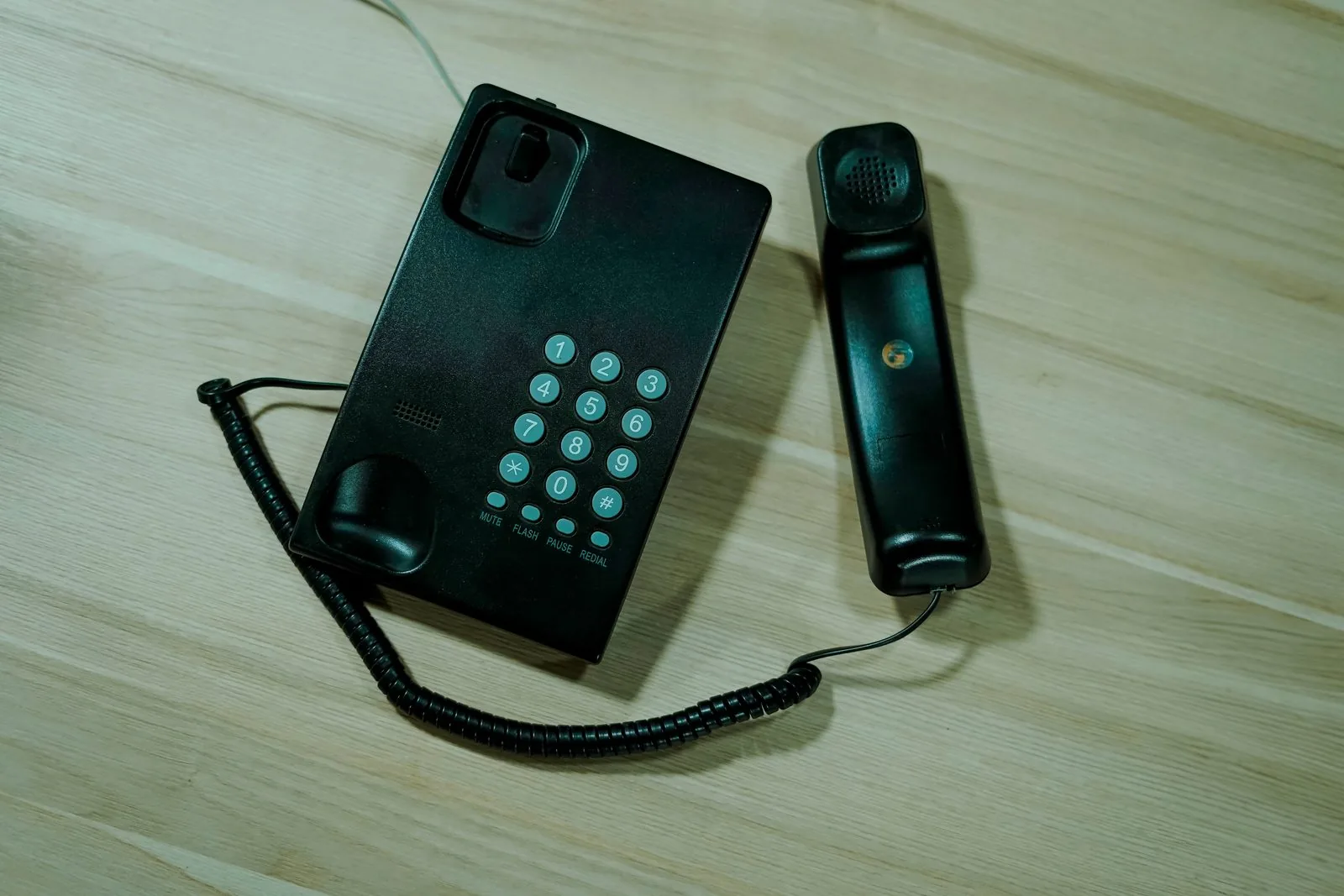 A desk telephone on a wooden reception desk
